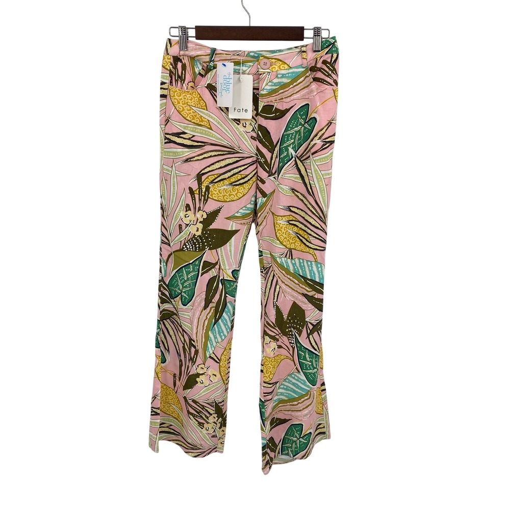 Fate Women's Size 29 Linen Pants Tropical Print Wide Leg Pink Green Yellow